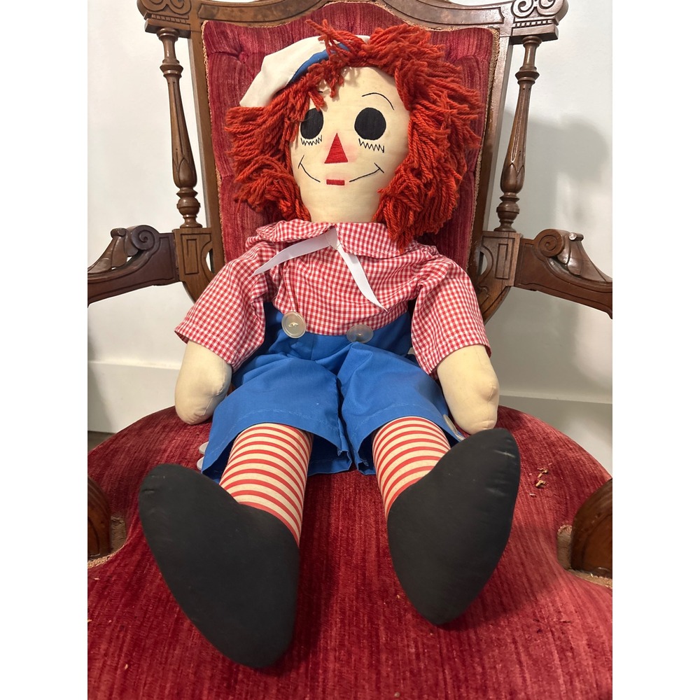 Vintage Oversized Raggedy Andy Cloth Doll 36 Inch Life Size Red Yarn Hair Gingha